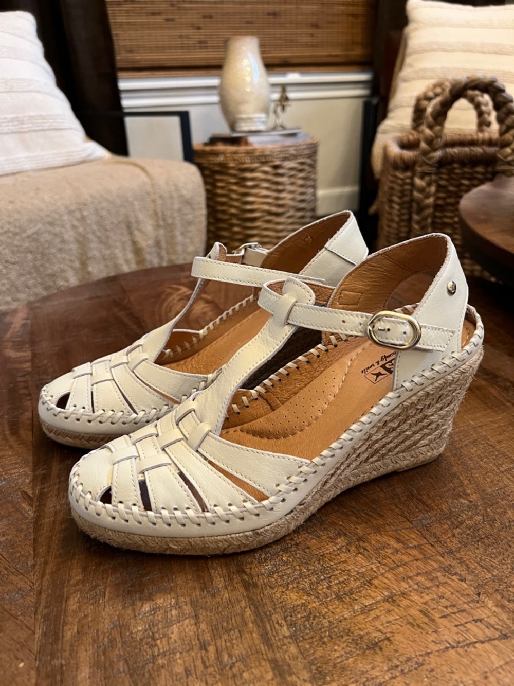PIKOLINOS White Woven Leather T‑Strap Espadrille Wedge